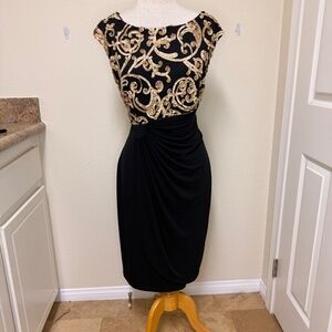 Connected Apparel Sheath Dress Black Gold Embroidered Floral Boat Neck Sz‎ 14